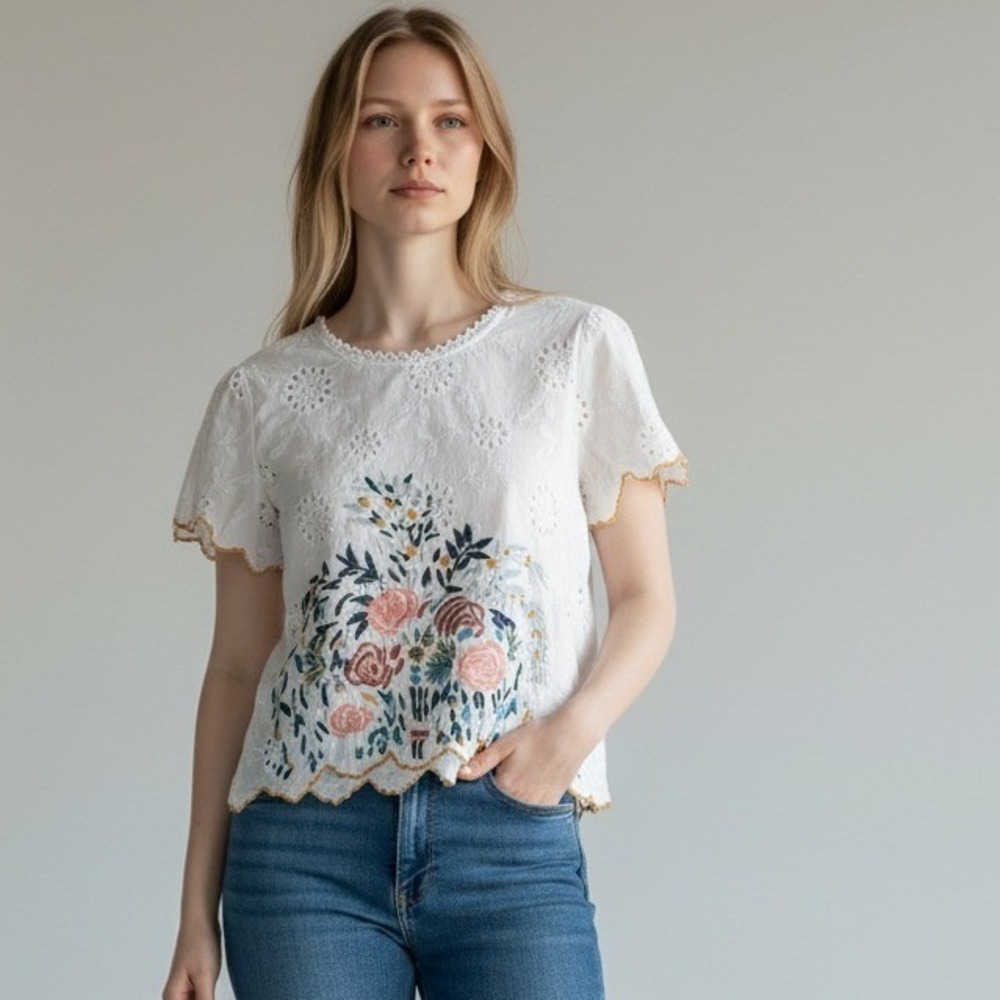 Orange Creek White Embroidered‎ Eyelet Floral Top Cottage Fairy Boho Small
